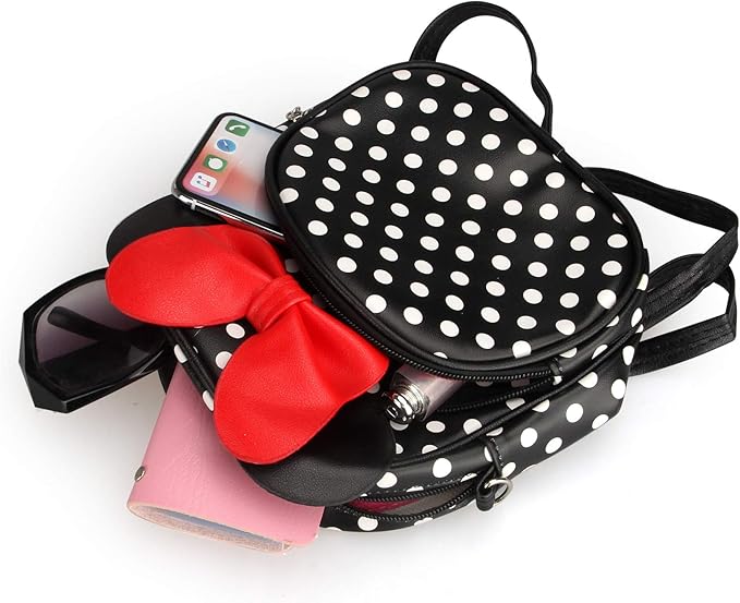 Voikukka Mini Mouse Backpacks for Toddler Girls Small Kids Backpack Black Leather Travel Bag Childrens Purse Cute Toddler Backpack for Girl Gift Girl Polka Dot Bag