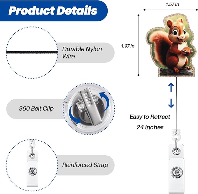 Cute Squirrel Badge Reel, Retractable ID Card Badge Holder, Name Tag Work Badge Clip for RN LPN CNA MA Night Shift Nurse Nursing Student OB/GYN Pediatric Doctor, Librarian Nurse Teacher Doctor Gifts