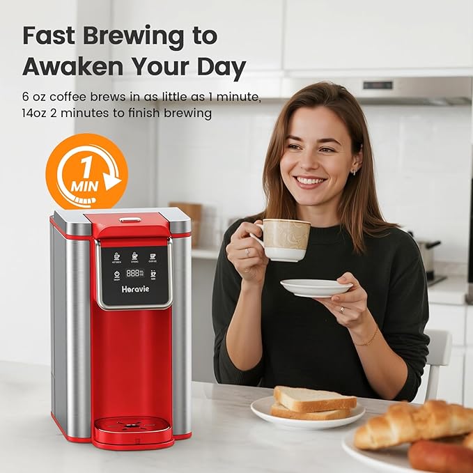 Horavie Single Serve Coffee Maker for K-Cup Pod and Grounds, Hot and Iced Coffee Maker, Strong Button Feature, 6 to 14oz Brew Sizes, 50oz Removable Reservoir, Fit 6.5" Mugs, Stainless Steel, Red
