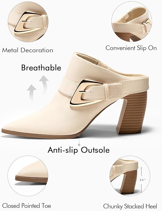 Coutgo Womens Mules Boots Chunky Stacked Heel Pointed Toe Booties Slip On Dress Boot Shoes with Buckle Decoration