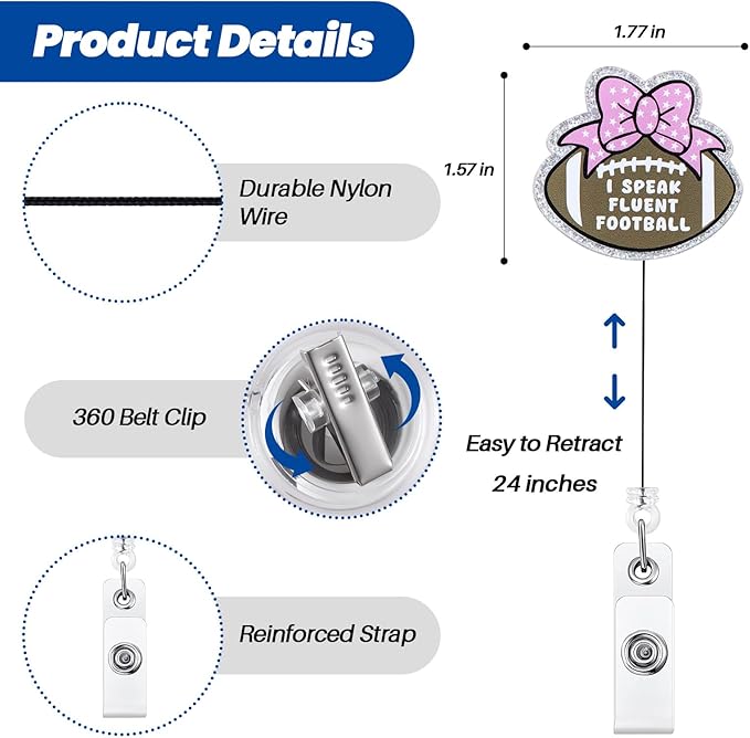 Funny Girly Football Badge Reel, Cute ID Badge Holder with Retractable Clip, Pink Bow Badge Clip for RN CNA LPN Hospital Medical Worker Doctor Teacher Nursing Student Fans Players Sports Journalists