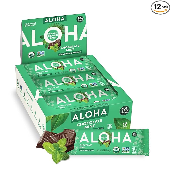 ALOHA Organic Plant Based Protein Bars, Chocolate Mint, 1.98 Oz (Pack of 12)