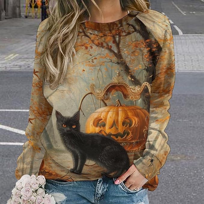 Spatofa Womens novelty funny cat printed crewneck sweatshirt casual loose long sleeve graphic pullover sweatshirts tops