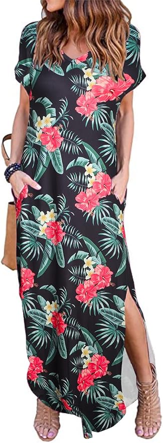 Arolina Women's Summer Maxi Dress Short Sleeve V Neck Casual Loose Long Beach Split Dresses with Pockets