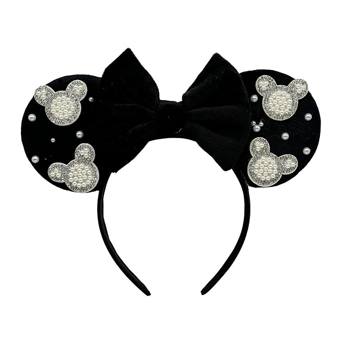 WW-WONDERFULWORLD Mouse Ears Headband with Pearl Rhinestones, 4-inch Black Velvet Ears, Decorative Costume Accessory, Party Cosplay; FG8