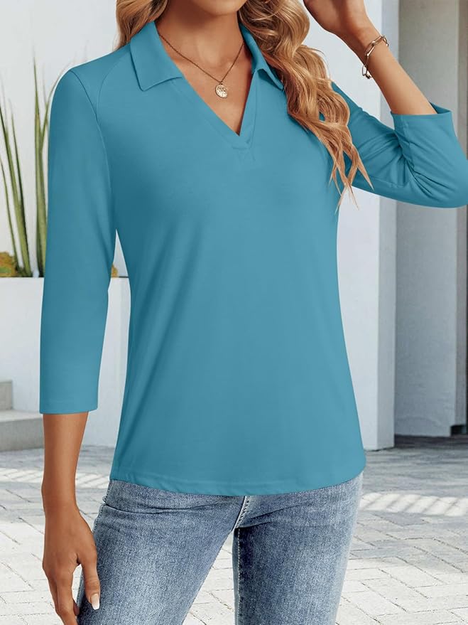 3/4 Length Sleeve Womens Tops Dressy Casual V Neck Polo Shirts Business Work Blouses 2025 Trendy Tunic Top