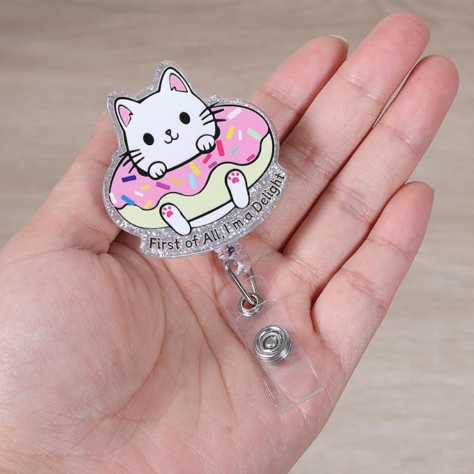 First of All, I'm a Delight Funny Badge Reel, Cute Cat Retractable ID Card Badge Holder, Name Tag Work Badge Clip for RN LPN CNA MA ER Night Shift Nurse Nursing Student Doctor Teacher, Nurse Gifts