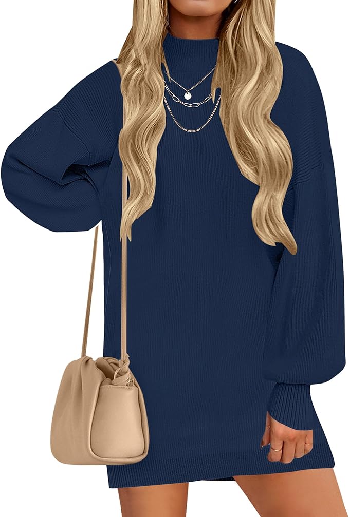 ZESICA Women's 2026 Fall Turtleneck Sweater Dress Oversized Long Lantern Sleeve Casual Knit Pullover Mini Dresses