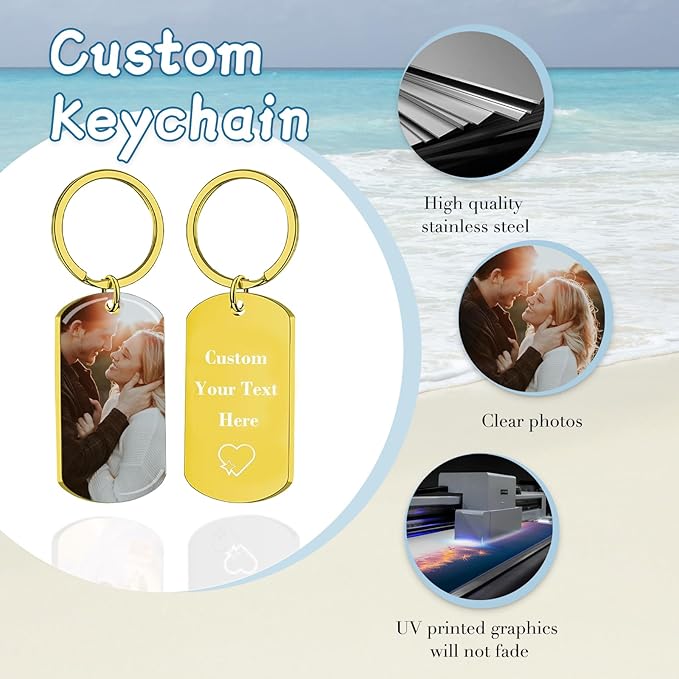 RSQGT Personalized Custom Keychain with Picture - Double Sided Engraving Photo Text Customized Key Chains for Men Boyfriend