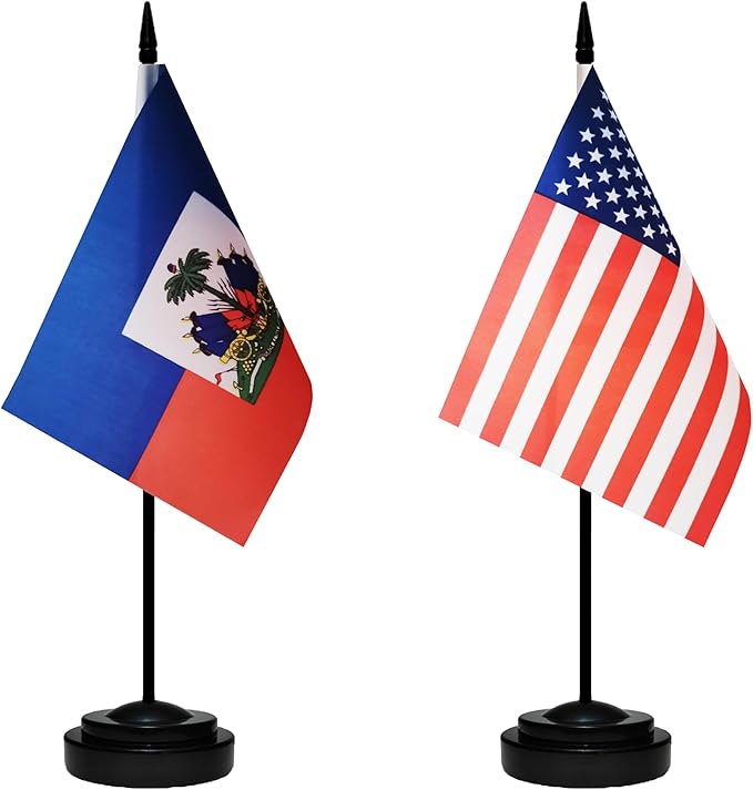 USA American & Haiti Haitian Desk Flags, US Haiti Table Flag, Small Mini American & Haitian Twin Table Office Flag, Miniature Haitian and US Desktop Flag With 13" Solid Black Pole, Black Base