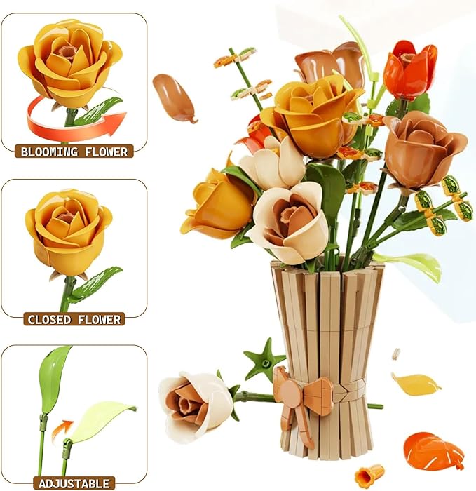 Bagari Roses Bouquet Building Set - Artificial Flowers Building Blocks with Vase, Compatible with Lego Kit for Adults - Collection for Home Office Decor Gifts for Women Men Birthday Anniversary 868PCS