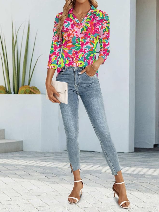 3/4 Length Sleeve Womens Tops Dressy Casual V Neck Polo Shirts Business Work Blouses 2025 Trendy Tunic Top