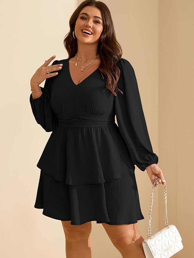 RWJ Plus Size Dresses for Curvy Women V Neck Long Sleeve Elastic Waist Fall Wedding Guest Layer Casual Mini Dress
