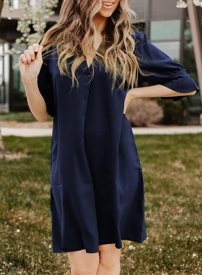 QACOHU Summer Dresses for Women V Neck Ruffle Short Sleeve Casual Shift Dress
