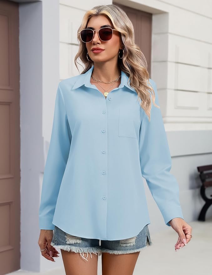 HOTOUCH Button Down Shirts for Women Long Sleeve Blouse Dressy Casual Business Work Tops with Pocket