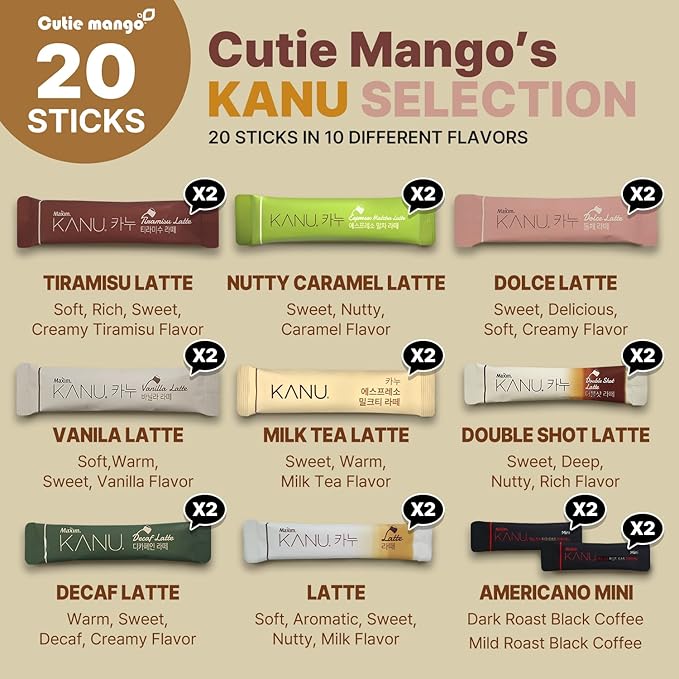 CUTIE MANGO Maxim KANU Premium Korean Instant Coffee Sampler Latte & Americano Assortment Café Style Camping Party Easy-to-Mix Single Serve Packets 20 Variety Pack