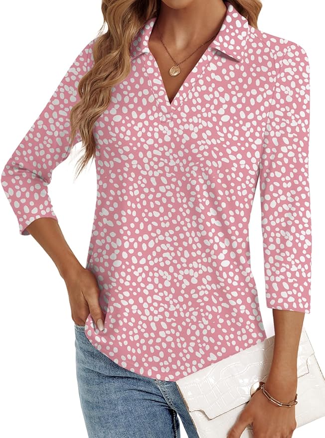 3/4 Length Sleeve Womens Tops Dressy Casual V Neck Polo Shirts Business Work Blouses 2025 Trendy Tunic Top