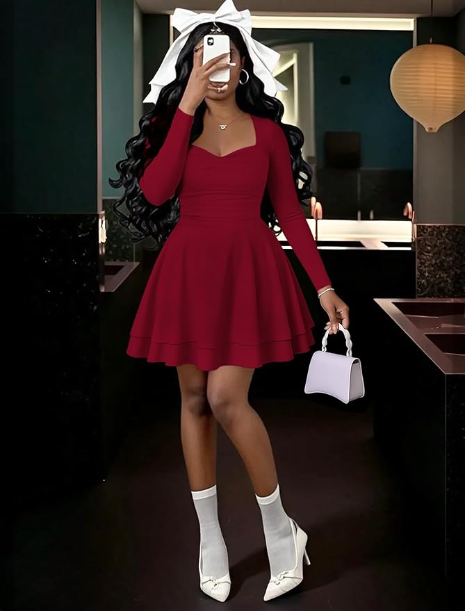 IWD Women's Square Neck Long Sleeve Mini Dress Ruched Corset Waist Tiered Ruffle Hem A Line Short Party Dresses
