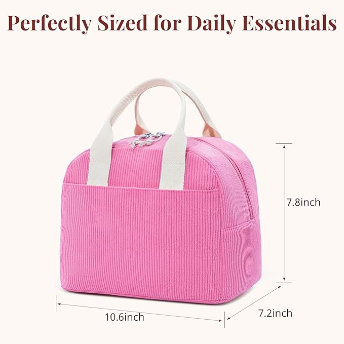 Insulated Vintage Pink Lunch Bag for Women, Stylish Corduroy Tote with Aluminum Lining, Large Capacity Reusable Cooler for Work, Travel, or Beach, Beige Cream Water-Resistant Lunch Box