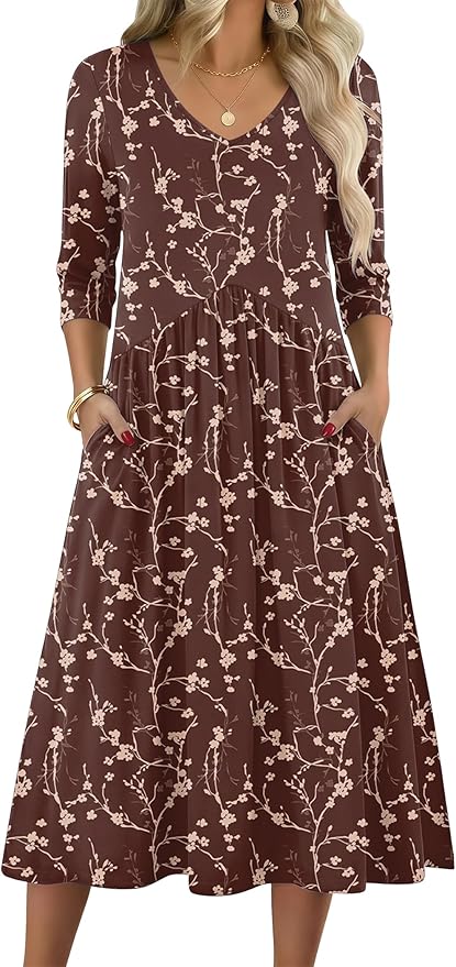 ZEAGOO 3/4 Sleeve Women's Dress Casual Flowy A-Line Midi Tshirt Dresses with Pocket Empire Waist Summer Boho Beach Sundress