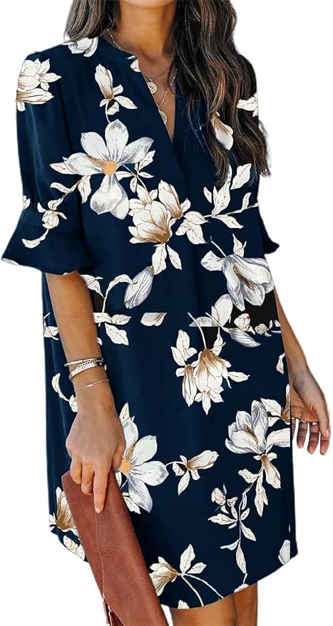 QACOHU Summer Dresses for Women V Neck Ruffle Short Sleeve Casual Shift Dress