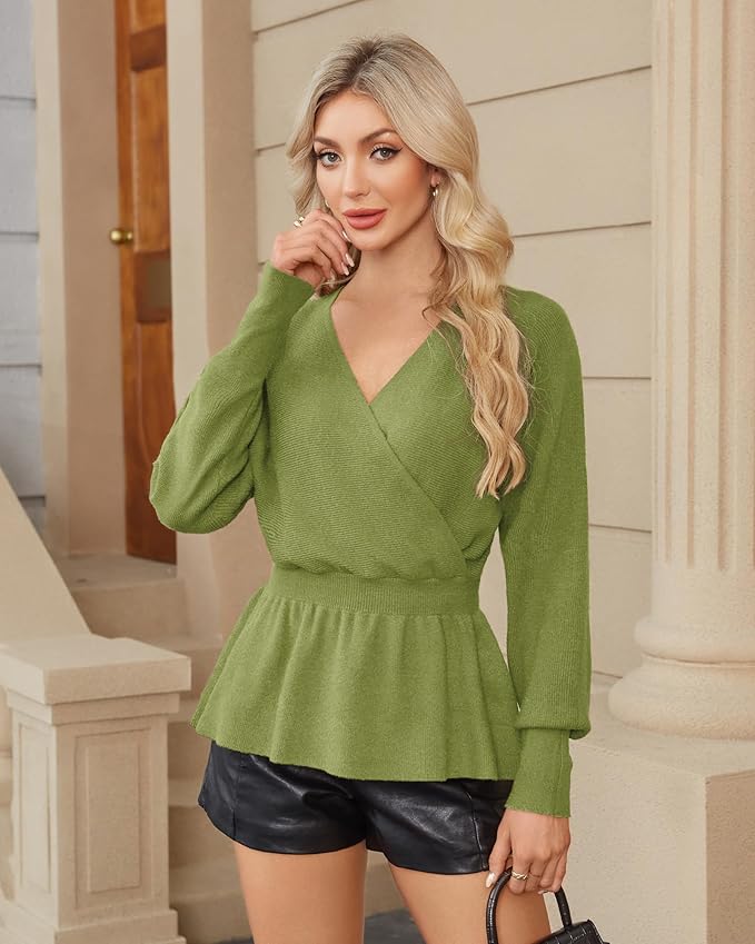 Lotusmile Womens Dressy Knit Peplum Sweater Long Sleeve Fall Wrap V Neck Pullover Tops