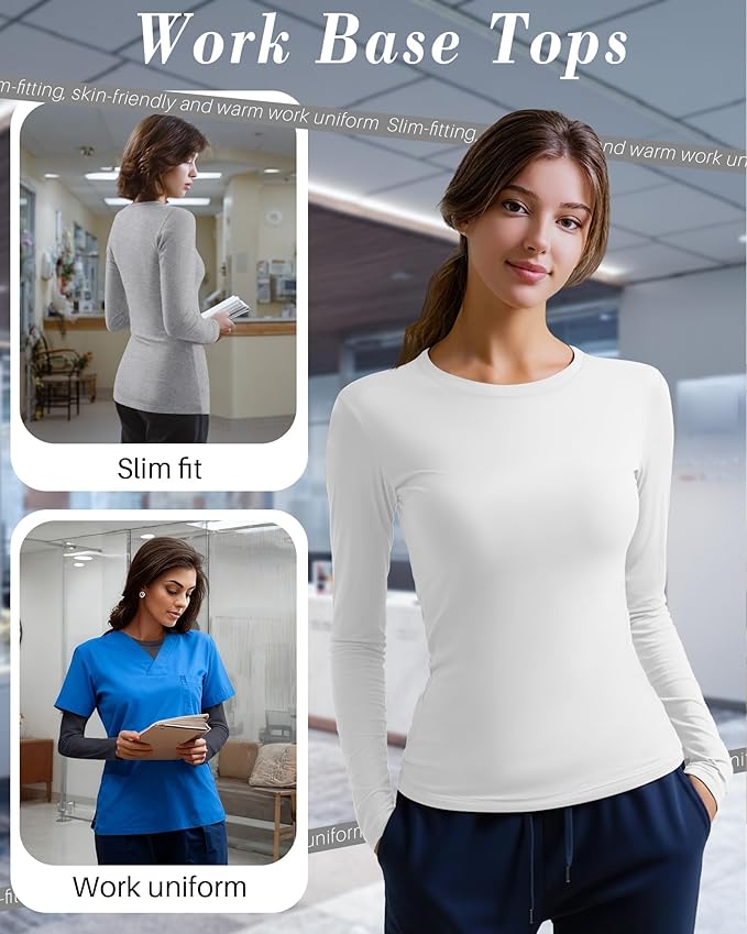 4 Pack Women's Underscrub Shirts Nurse Undershirts Long Sleeve Crewneck Slim Fit Tops Soft Stretchy Basic Tee