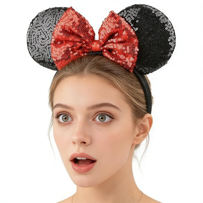 HoveBeaty Mouse Ears Bow Headbands Sequin Hairband Butterfly Glitter Hair Accessories for Girls Women Boys Birthday Cosplay Party Decorations (Red)