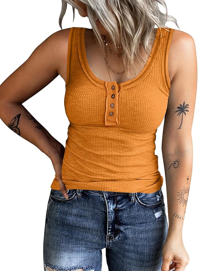 KINLONSAIR Women's Sleeveless Henley Tank Tops Ribbed V Neck Button Down T Shirts Summer Slim Fit Tee Tops