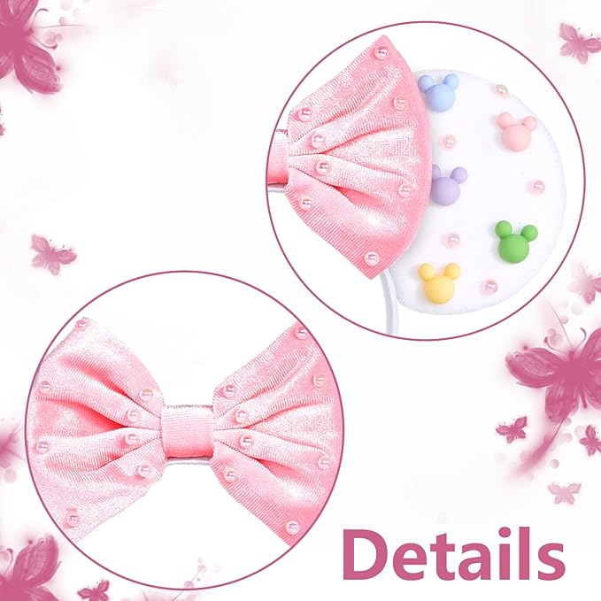 HAMUTH Mouse Ears Headband,Pink bow Headband with Pearl for Women Girls, Cute Velvet Hair Accessories for Party Trip Parks Cosplay Decorations