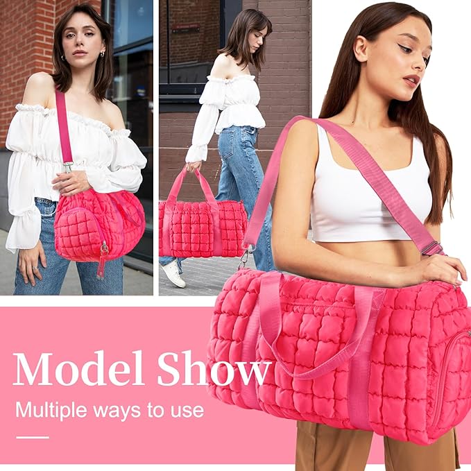 Quilted Travel Duffle Bag Gym Bag for Women,Large Puffer Duffle Weekender Bag with Compartment,Workout Overnight Carry on Organizer Bag Duffle Bag for Airplane Travel(Rosered)