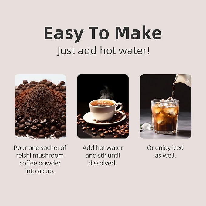 GANOHERB Reishi Mushroom Coffee Mix, Organic Instant Ganoderma Cafe with 100% Natural Ganoderma Lucidum Lingzhi Black Coffee for Stress Relief Better Focus Immune Support, Mix Flavor No Sugar 25 Bag