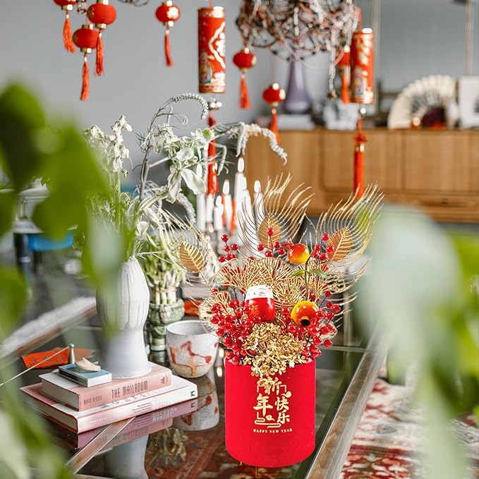 LOONELO Chinese New Year Artificial Flower Fu Bucket, 2025 Spring Festival Table Centerpiece Ornament Pot Desktop Decorations for Asian Vietnamese Korea Zodiac Snake Lunar New Year Home Office Store