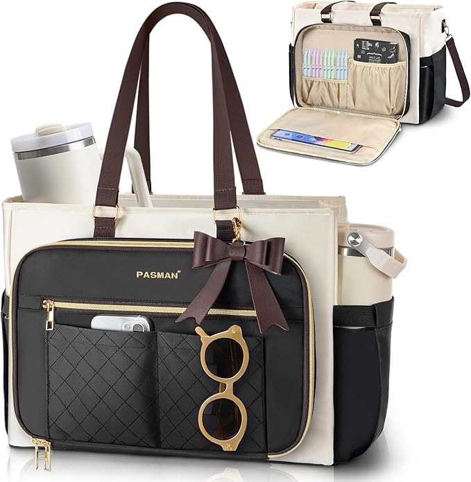 Teacher Tote Bag for Women,Multi-Pocket Laptop & Nurse Work Bag with Cup Holder,Structured Business Briefcase Computer Purse