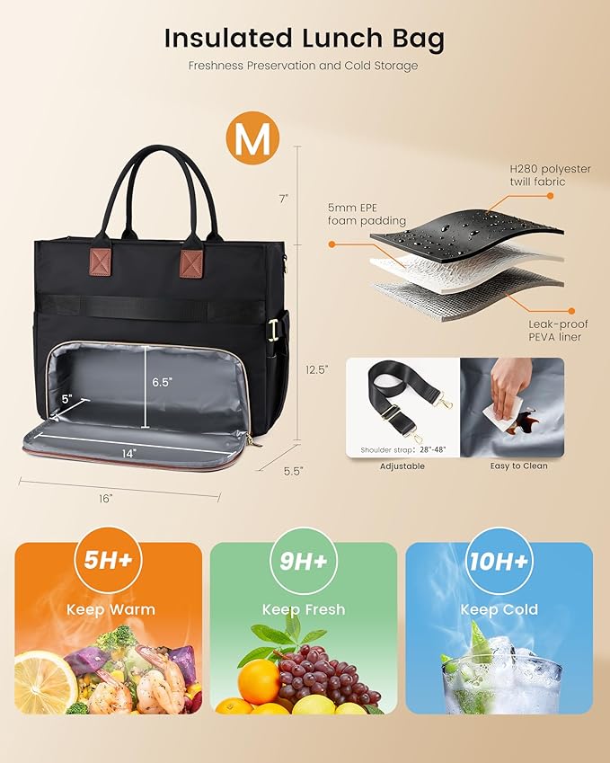 LOVEVOOK Insulated Lunch Bag,2-in-1 Work Tote Bag with Lunch Compartment,Large Capacity Professional Work Bag for Women,15.6 Inch Laptop Bag with Cup Holder for Teacher,Nurse,College,Office,Travel