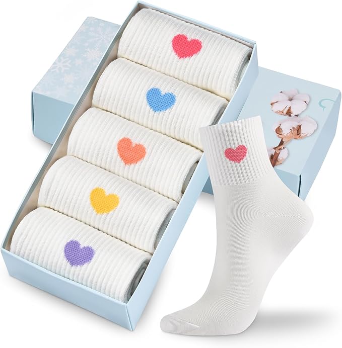 Corlap Women's Cute Cotton Crew Athletic Running Socks - Ankle High, Novelty Fun Heart Design 5-Pairs (Gift Box)