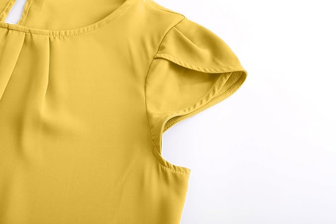 TASAMO Women's Casual Round Neck Basic Pleated Top Cap Sleeve Curved Keyhole Back Chiffon Blouse