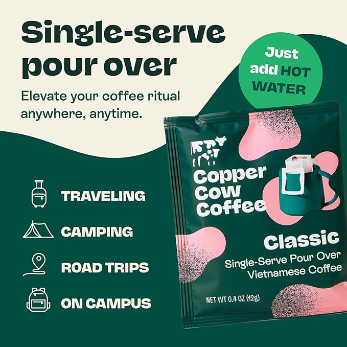 Copper Cow Coffee Premium Pour Over Single-Serve Vietnamese Coffee Pouches (24 pack) | Classic Black | Dark Roast | Convenient Vietnamese Ground Coffee Packets, Travel Friendly