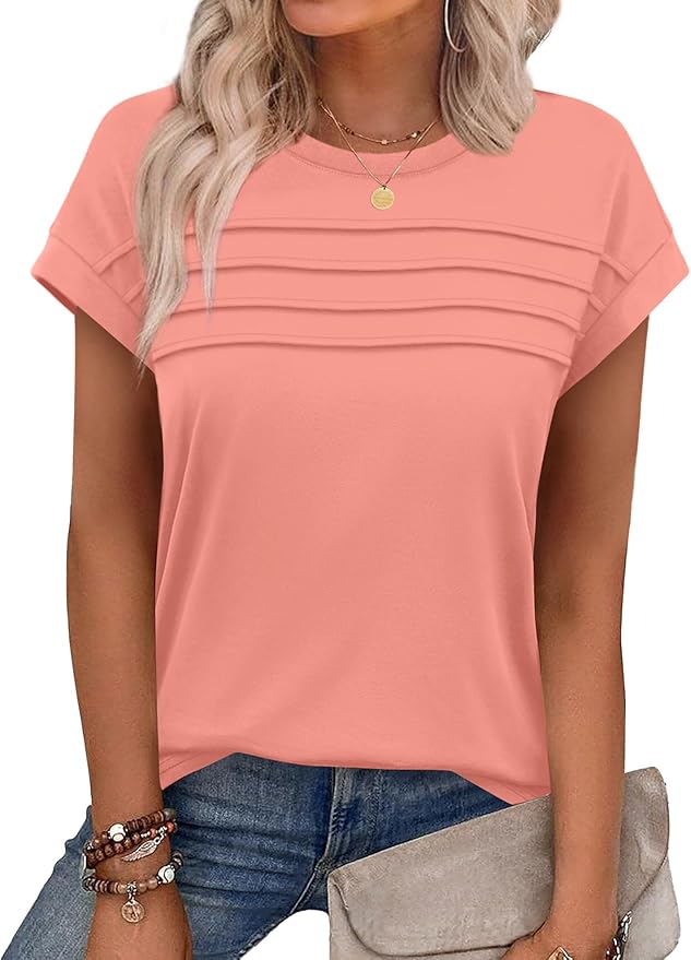 WEESO Womens Summer Tops Trendy 2026 Cap Sleeve T Shirts Crew Neck Pleated Front Beach Vacation Clothes Fashion