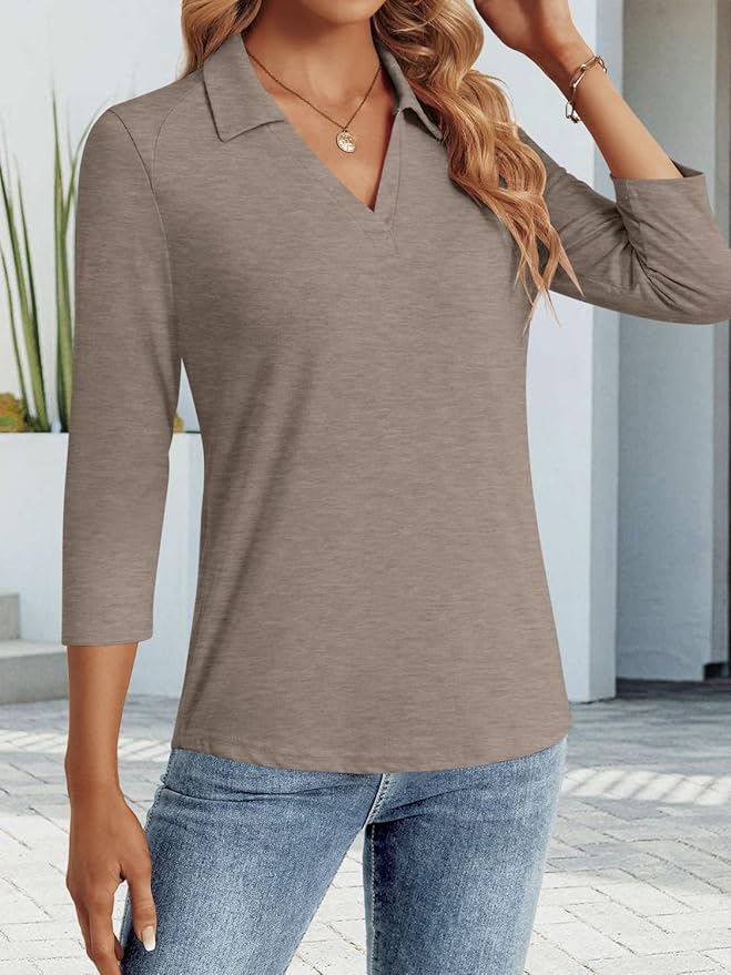 3/4 Length Sleeve Womens Tops Dressy Casual V Neck Polo Shirts Business Work Blouses 2025 Trendy Tunic Top