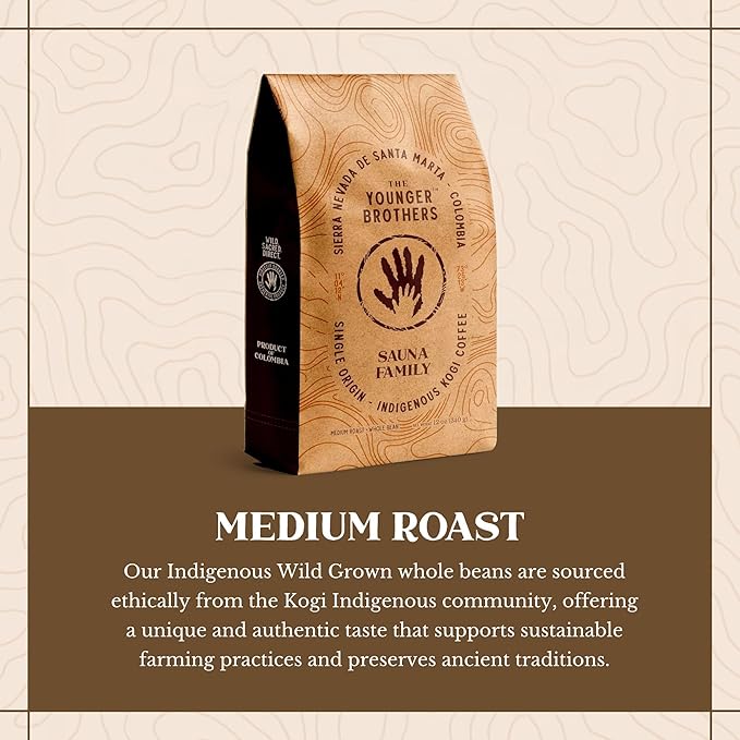 The Younger Brothers Trading Co. Kogi Coffee | Indigenous Wild Grown Whole Bean | Ethically Sourced Single Origin Colombian Coffee | Kogi Sauna Family Medium Roast, 12 Ounce (Pack of 1)