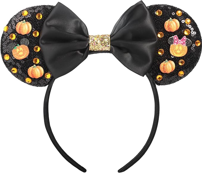 ETLUK Halloween Headband with Pumpkin & Orange Acrylic Rhinestones, Sparkly Sequin Bow Halloween Mouse Ears Accessories for Women, Girls, Adults