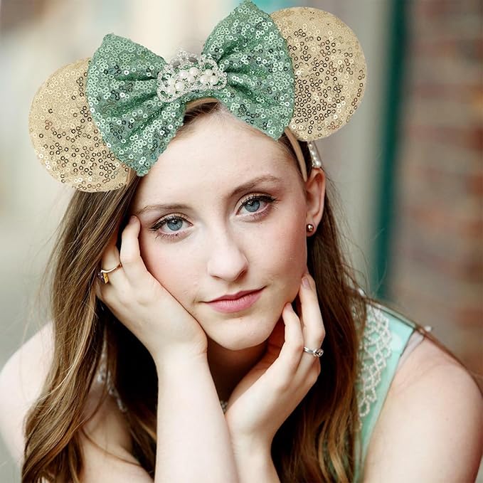 Seamoy Sequin Mouse Ears Headband, Tiana Rose Gold Mice Ears Hairband, Park ears Princess, Sparkle Silver Blue Classic Red Hair Accessory for Women Girls (Rose Gold Tiana)