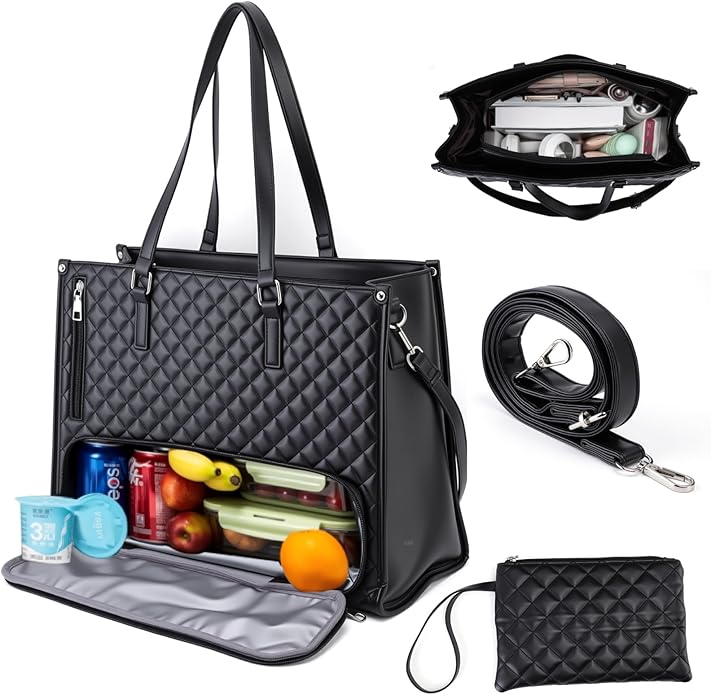 Lunch Work Tote Bags for Women, 15.6 Inch Laptop Bag with Insulated lunch Compartment, 2 in 1 Tote Bag Lunch Bag Combo with Small Purse and Shoulder Strap for Work, University, Office, Picnic (Black)