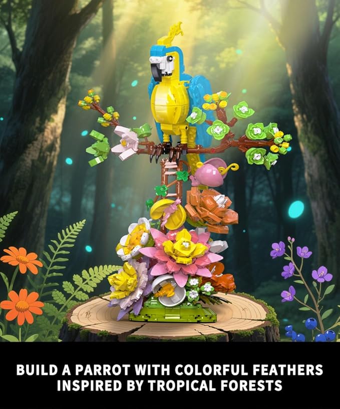 MOC Flowers and Parrot Building Set- Compatible with Lego Flower, Succulent Botanica andl Cute Bird Collection Set, A Beautiful for her or him (1162pcs)