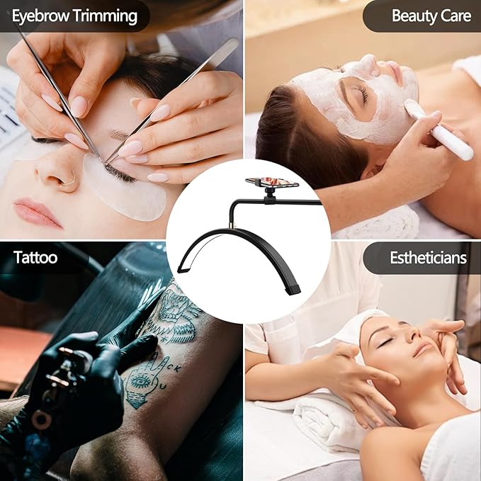 Lash Light for Eyelash Tech-Esthetician Ring Light, Half Moon Light for Led Lash Lamp Extensions, Tattoo Artists, Nail Tech - Cool, Warm Lamp with Adjustable Brightness & Height, Phone Holder (Black)