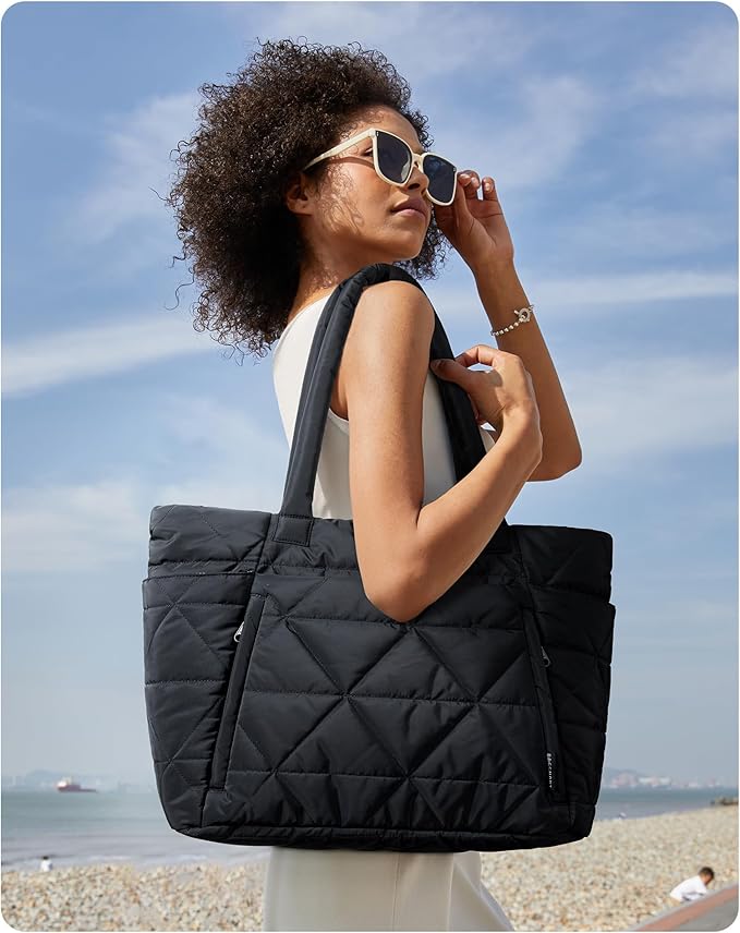BAGSMART Tote Bag for Women, Puffy Tote Bag with Zipper, Large Quilted Shoulder Bag with Compartments for Travel, Work, Gym