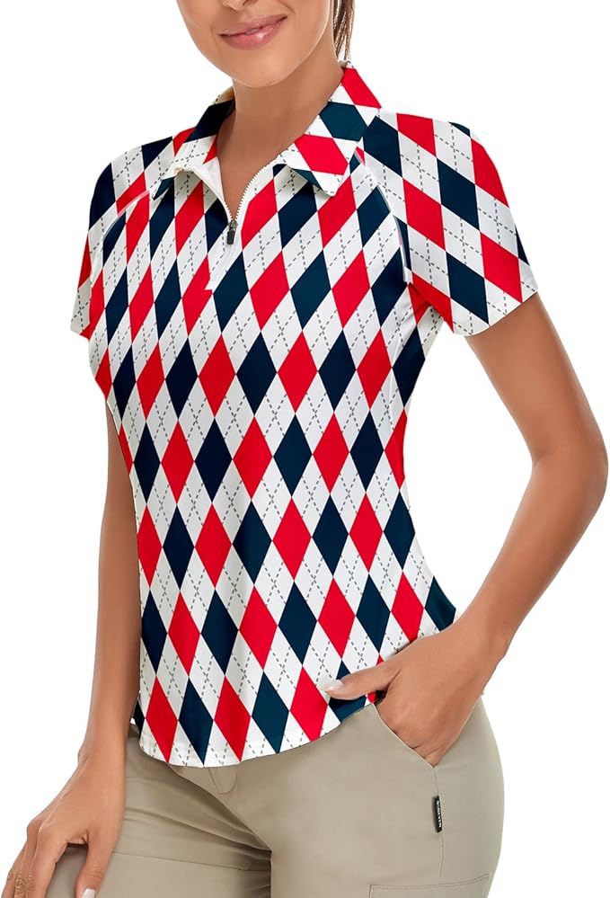 Women's Golf Shirt Short Sleeve Tennis Shirt Quarter Zip Golf Pullover Golf Polo Shirts Argyle Tops