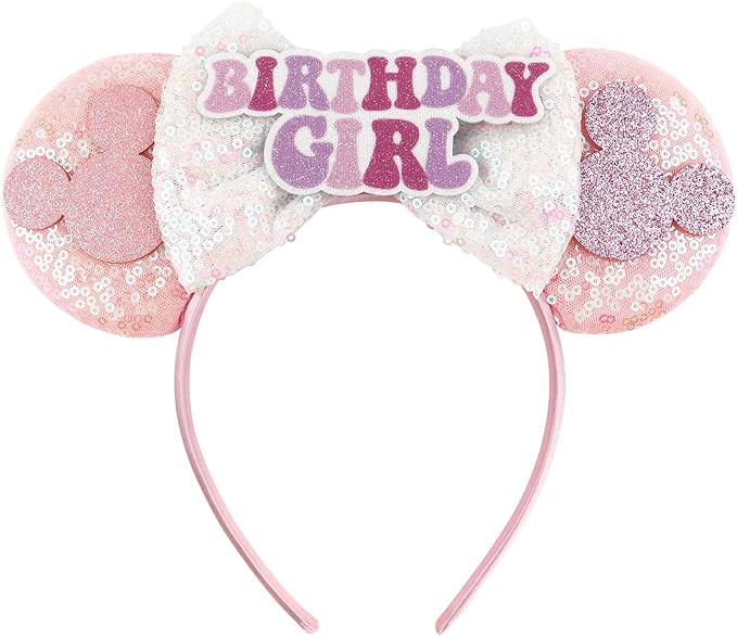 LIHELEI Mouse Ears Headband for Birthday Women, Princess Pink Headbands for Women, Sequin Bows Headwear Hair Accessories - Pink Birthday Headband
