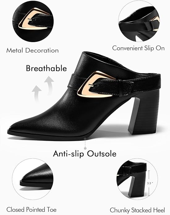 Coutgo Womens Mules Boots Chunky Stacked Heel Pointed Toe Booties Slip On Dress Boot Shoes with Buckle Decoration